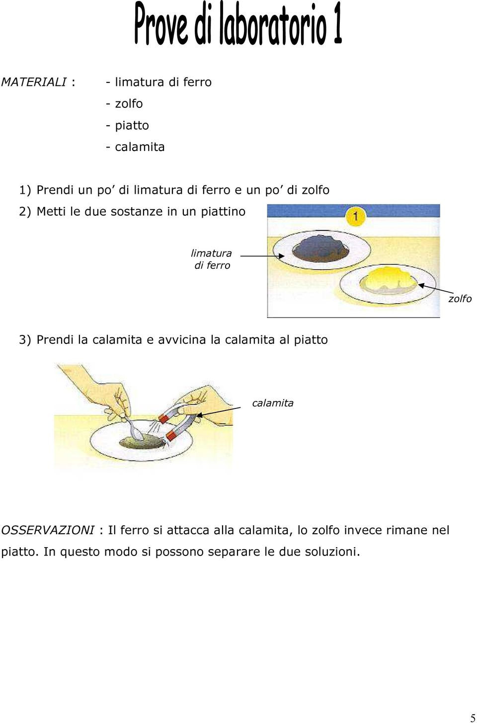 Prendi la calamita e avvicina la calamita al piatto calamita OSSERVAZIONI : Il ferro si attacca