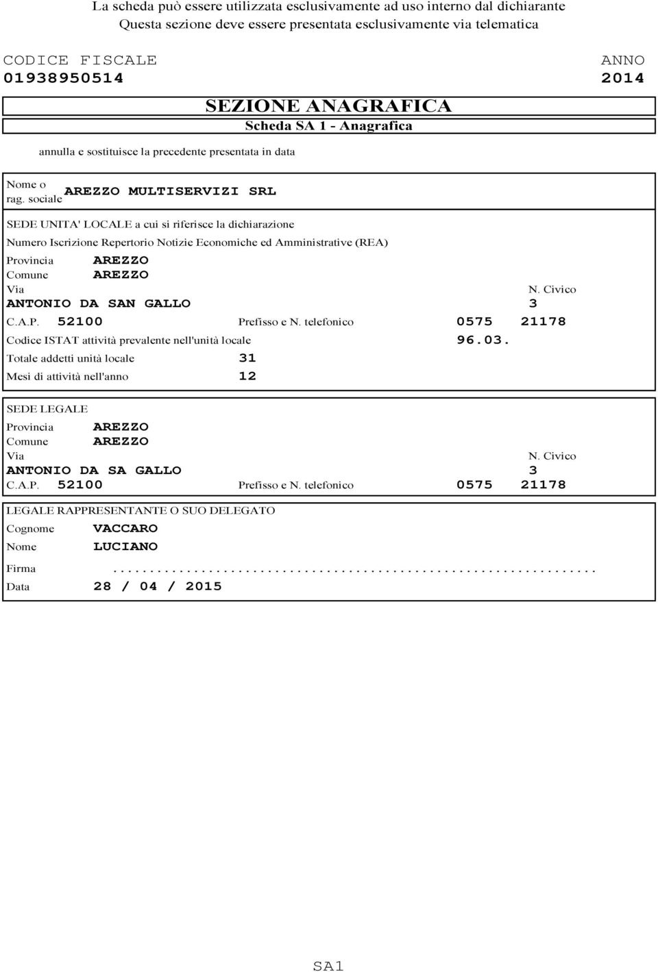 GALLO N. Civico 3 C.A.P. 52100 Prefisso e N. telefonico 0575 21178 Codice ISTAT attività prevalente nell'unità locale 96.03.