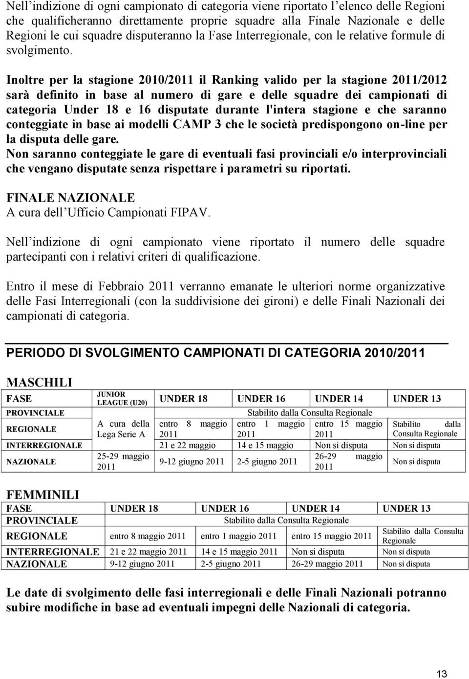 Inoltre per la stagione 2010/2011 il Ranking valido per la stagione 2011/2012 sarà definito in base al numero di gare e delle squadre dei campionati di categoria Under 18 e 16 disputate durante