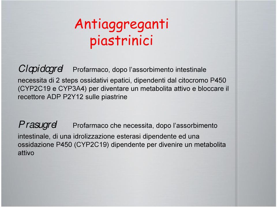 bloccare il recettore ADP P2Y12 sulle piastrine Prasugrel Profarmaco che necessita, dopo l assorbimento