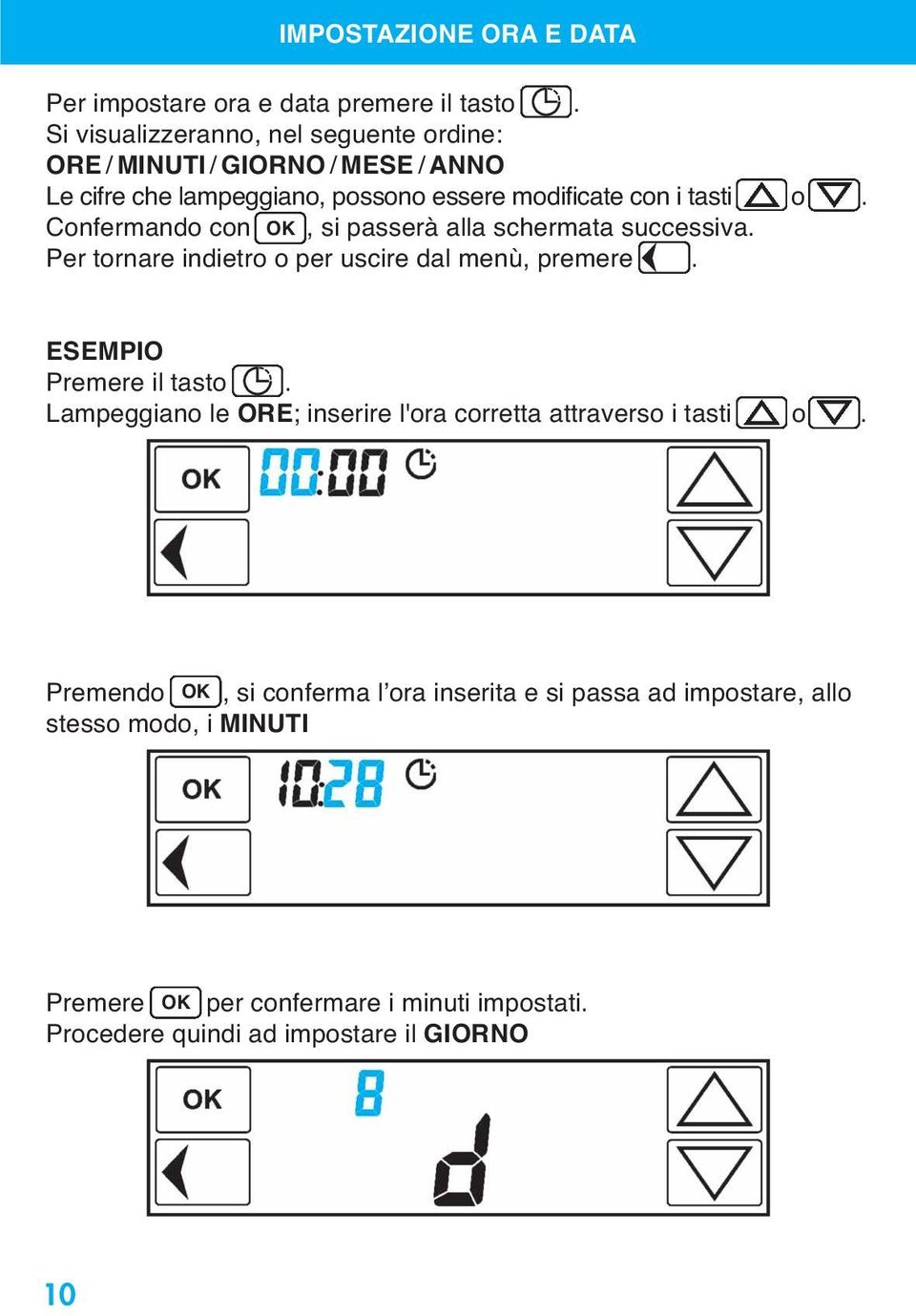 Confermando con OK, si passerà alla schermata successiva. Per tornare indietro o per uscire dal menù, premere. ESEMPIO Premere il tasto.