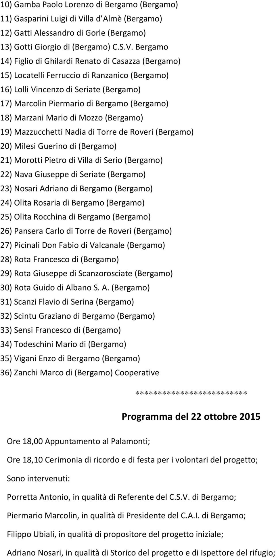 Bergamo 14) Figlio di Ghilardi Renato di Casazza (Bergamo) 15) Locatelli Ferruccio di Ranzanico (Bergamo) 16) Lolli Vincenzo di Seriate (Bergamo) 17) Marcolin Piermario di Bergamo (Bergamo) 18)