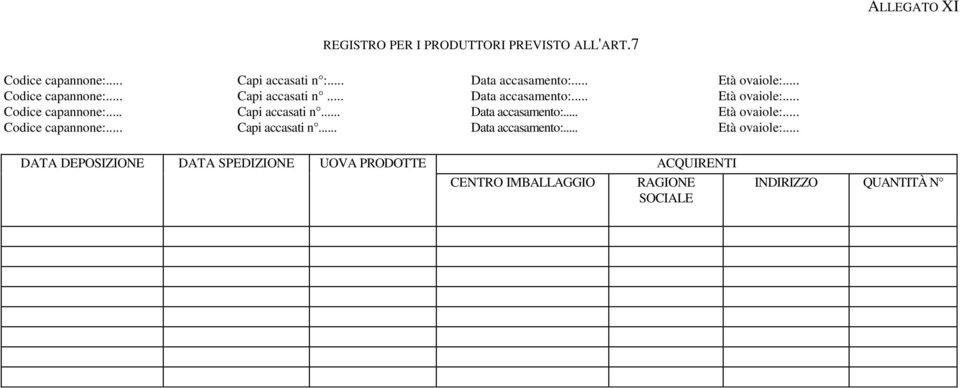 .. Codice capannone:... Capi accasati n... Data accasamento:.