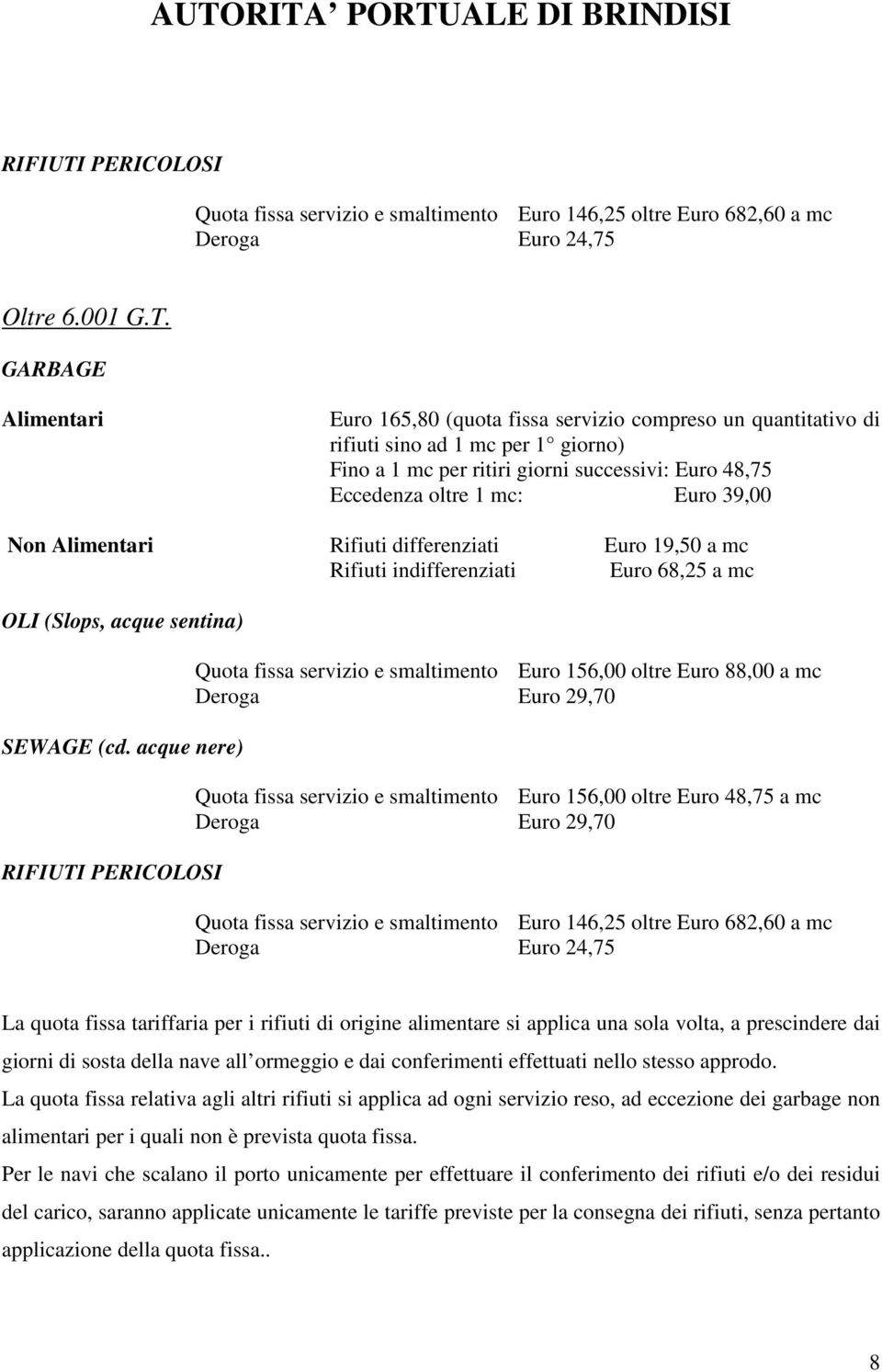 GARBAGE Alimentari Euro 165,80 (quota fissa servizio compreso un quantitativo di rifiuti sino ad 1 mc per 1 giorno) Fino a 1 mc per ritiri giorni successivi: Euro 48,75 Eccedenza oltre 1 mc: Euro