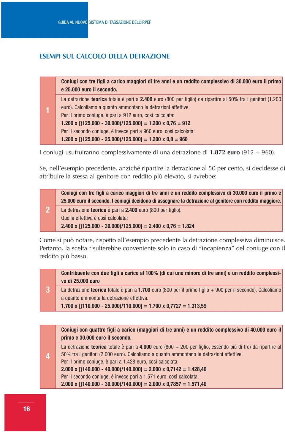 Per il primo coniuge, è pari a 912 euro, così calcolata: 1.200 x [(125.000-30.000)/125.000] = 1.200 x 0,76 = 912 Per il secondo coniuge, è invece pari a 960 euro, così calcolata: 1.200 x [(125.000-25.