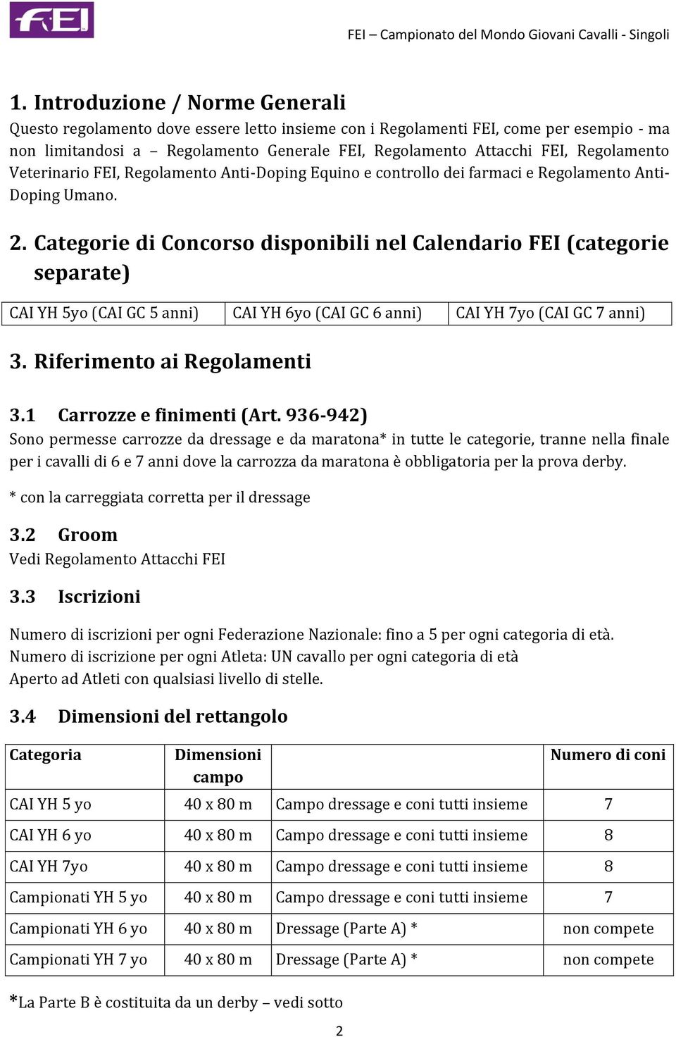 Categorie di Concorso disponibili nel Calendario FEI (categorie separate) CAI YH 5yo (CAI GC 5 anni) CAI YH 6yo (CAI GC 6 anni) CAI YH 7yo (CAI GC 7 anni) 3. Riferimento ai Regolamenti 3.