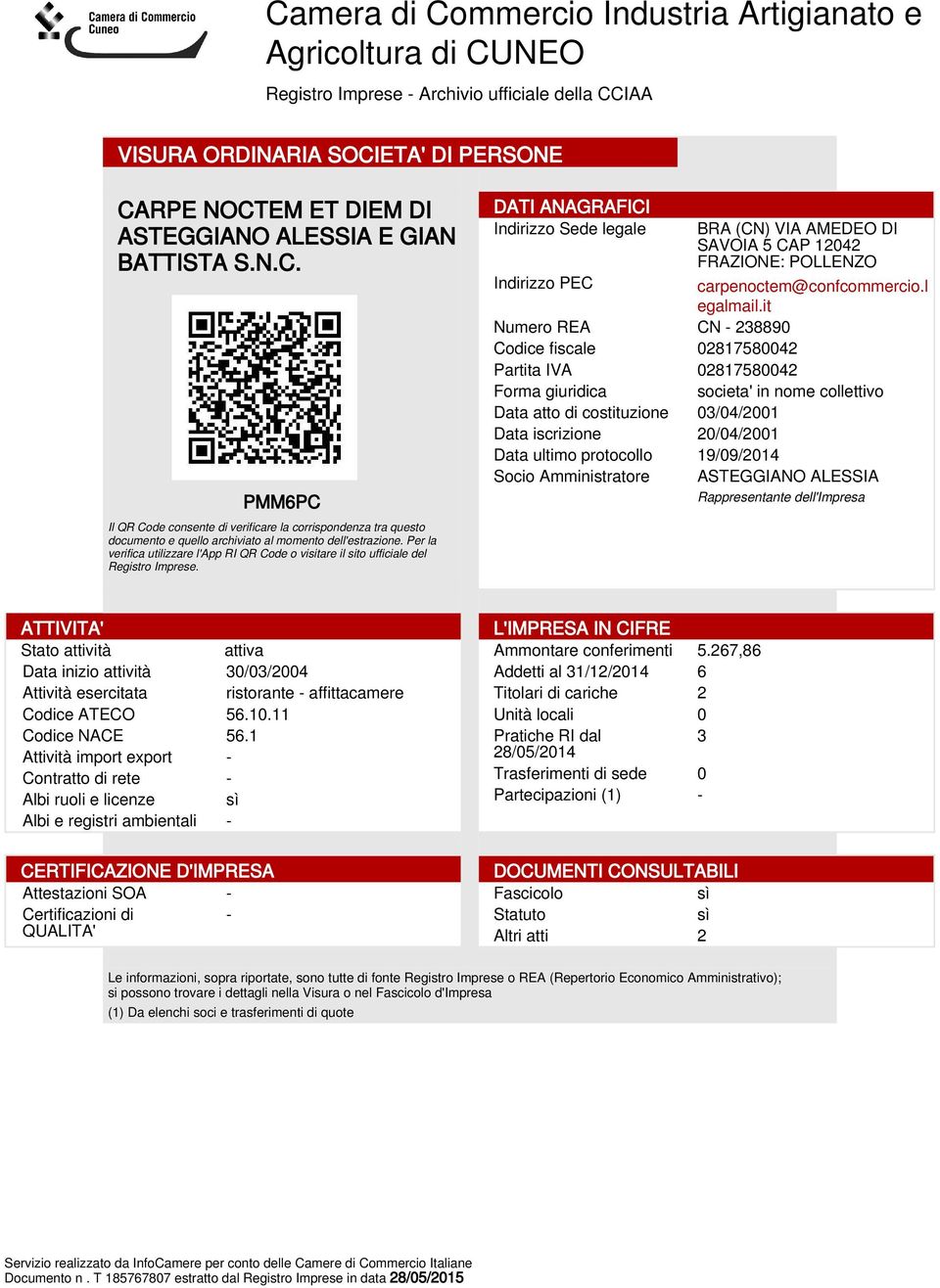 Per la verifica utilizzare l'app RI QR Code o visitare il sito ufficiale del Registro Imprese.