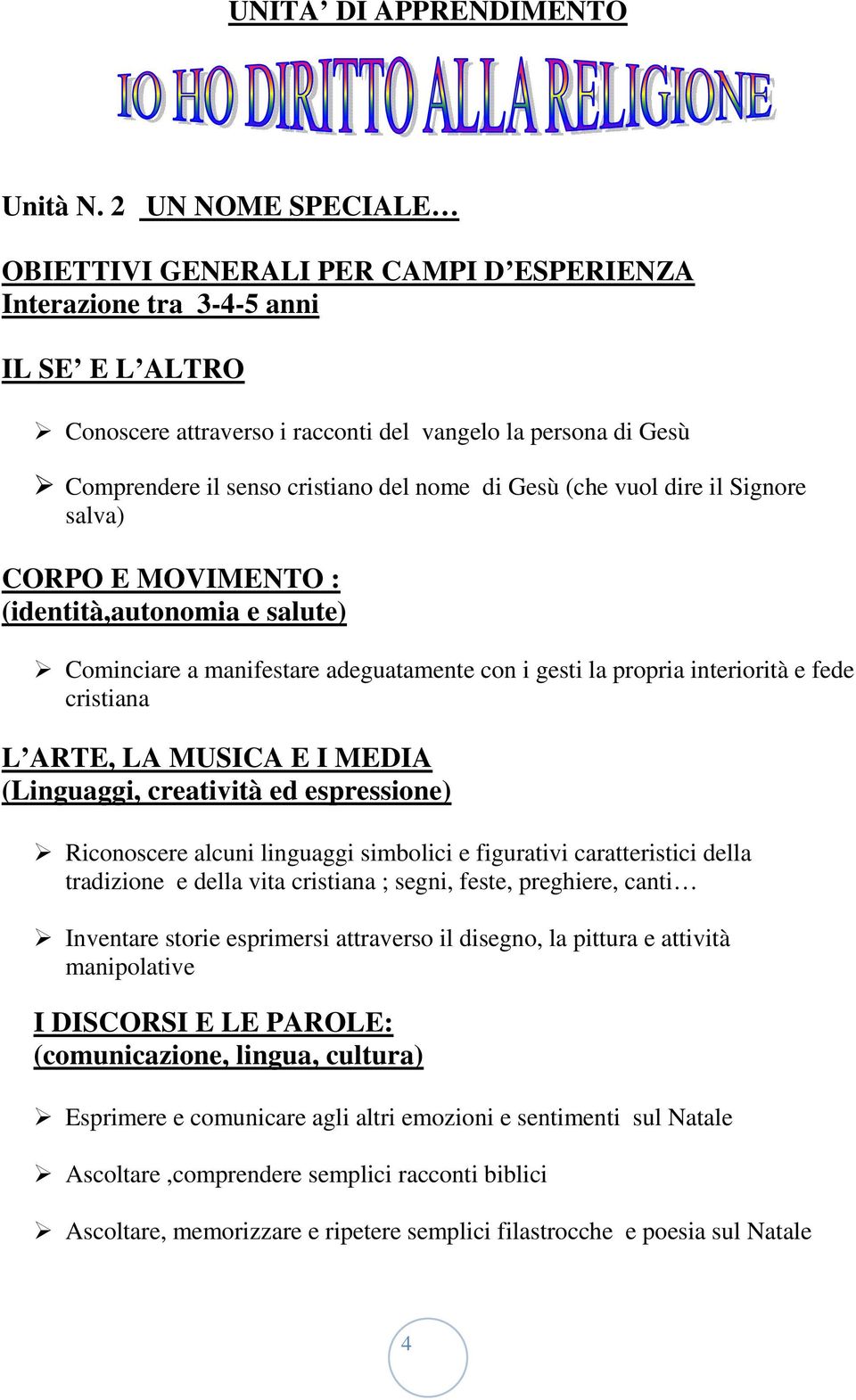 (che vuol dire il Signore salva) CORPO E MOVIMENTO : (identità,autonomia e salute) Cominciare a manifestare adeguatamente con i gesti la propria interiorità e fede cristiana L ARTE, LA MUSICA E I