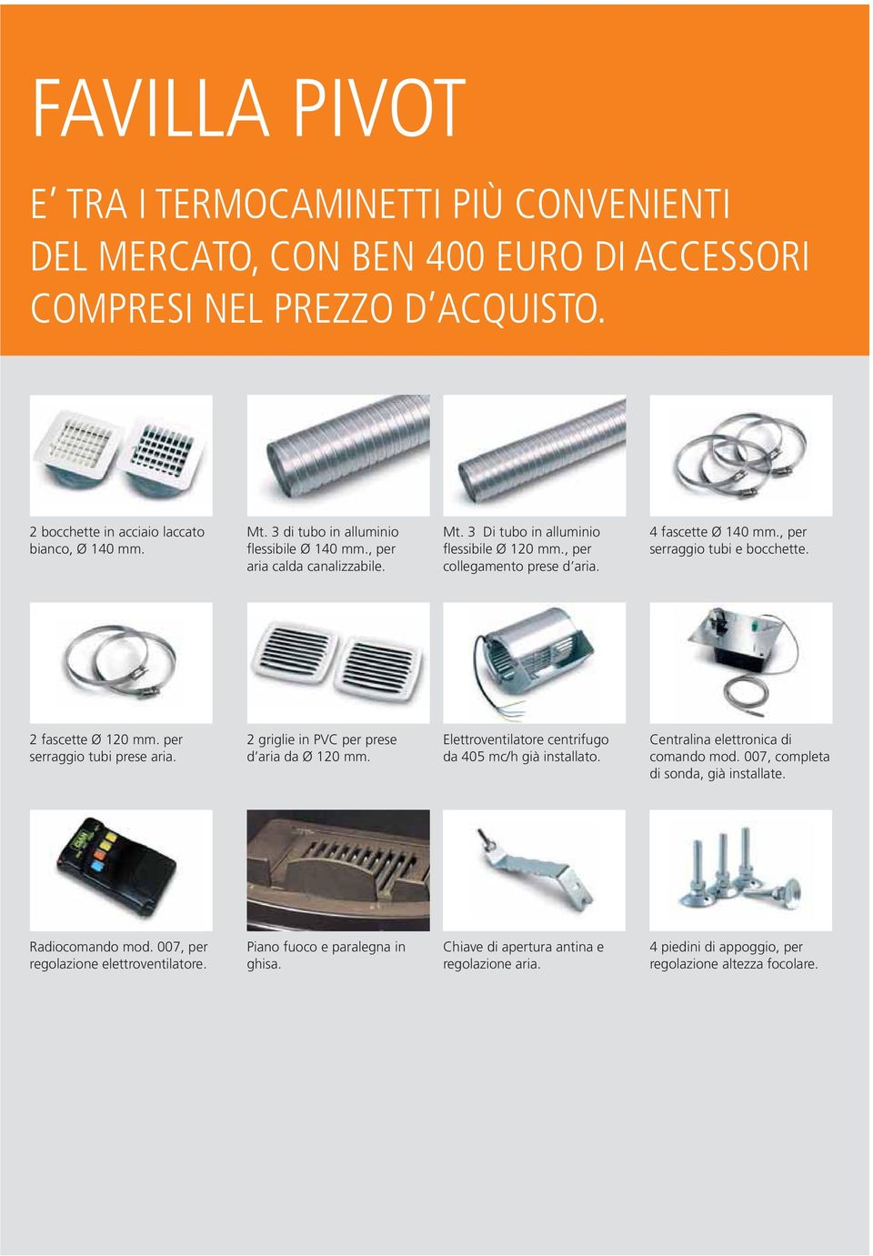 2 fascette Ø. per serraggio tubi prese aria. 2 griglie in PVC per prese d aria da Ø. Elettroventilatore centrifugo da 405 mc/h già installato. Centralina elettronica di comando mod.