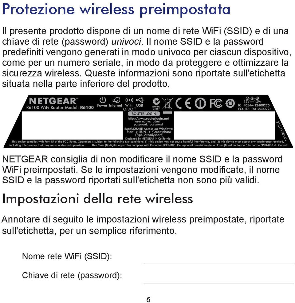 Queste informazioni sono riportate sull'etichetta situata nella parte inferiore del prodotto. NETGEAR consiglia di non modificare il nome SSID e la password WiFi preimpostati.