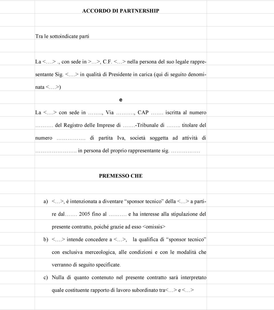 . in persona del proprio rappresentante sig.. PREMESSO CHE a) < >, è intenzionata a diventare sponsor tecnico della < > a partire dal. 2005 fino al.