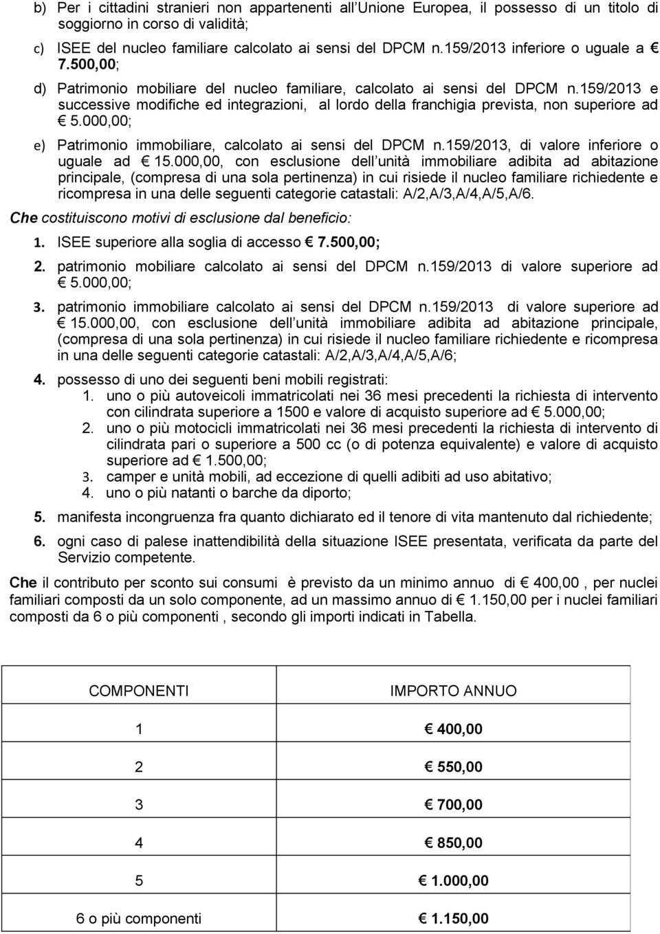 159/2013 e successive modifiche ed integrazioni, al lordo della franchigia prevista, non superiore ad 5.000,00; e) Patrimonio immobiliare, calcolato ai sensi del DPCM n.