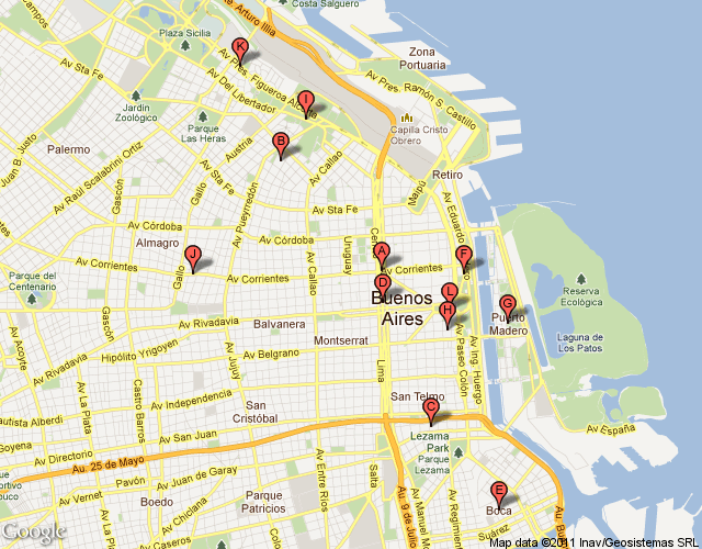 Buenos Aires Altri punti di interesse Legenda dei punti riportati sulla mappa A Obelisco L Obelisco di Buenos Aires si trova in Plaza de la Republica e venne eretto marzo del 1936 sul progetto di