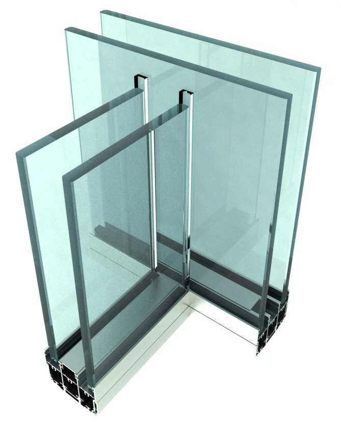 12 un profilo in policarbonato di dimensioni adeguate consente di collegare 2 tratte di parete in vetro nella seguente tipologia: parete principale in vetro singolo centrale - parete di spina in
