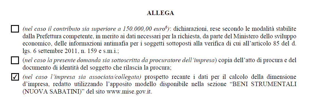 Impresa associata/collegata Selezionando impresa associata/collegata in automatico nell ultima pagina del documento comparirà, fra gli allegati da trasmettere unitamente al modulo di domanda, il flag