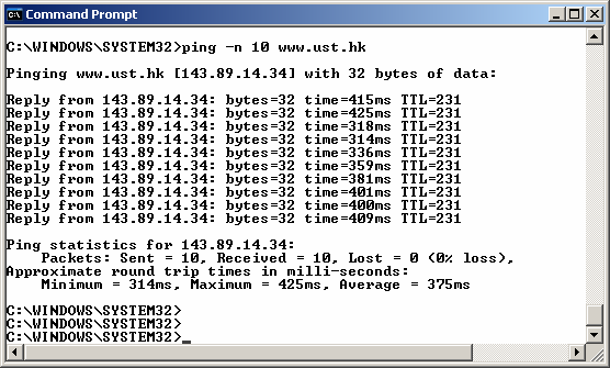 Figura 1: Finestra dei comandi dopo aver eseguito il comando Ping. La Figura 2 è uno screenshot dell'output di Wireshark, dopo aver immesso icmp come filtro per la visualizzazione.