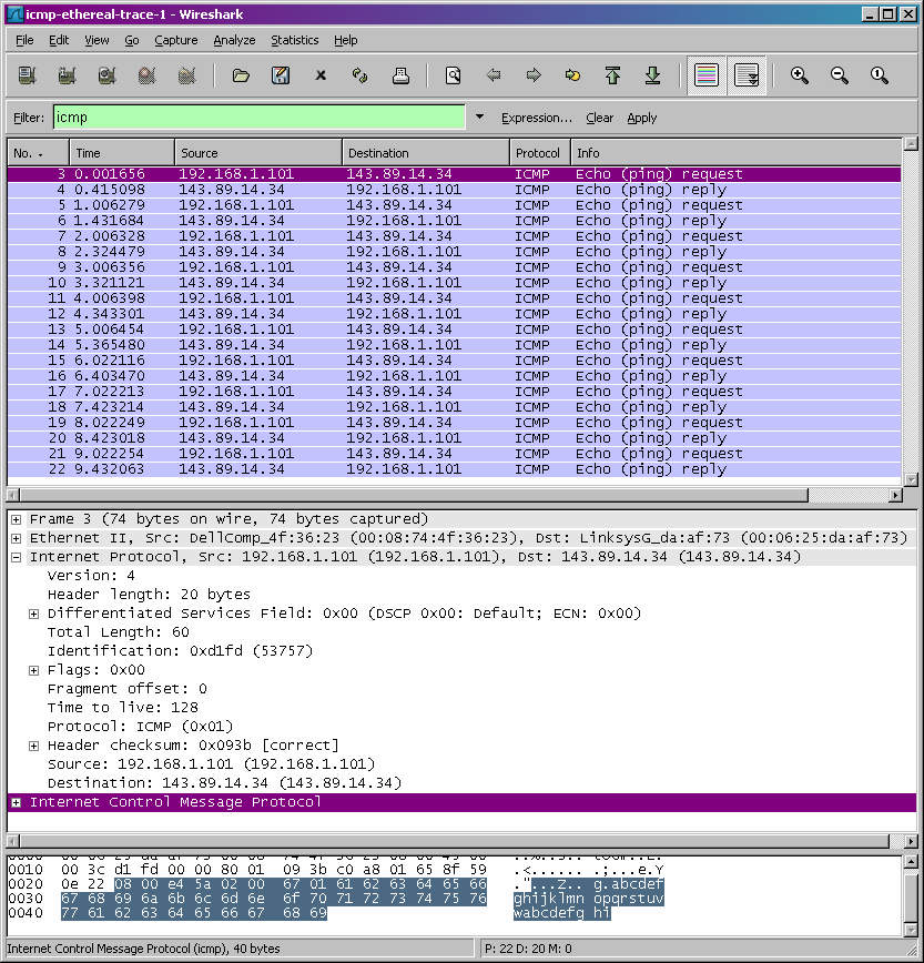 Figura 2: Output di Wireshark per il programma Ping con la sezione Internet Protocol espansa. 4. Esaminare il corrispondente pacchetto di risposta. Quali sono i valori dei campi type e code?