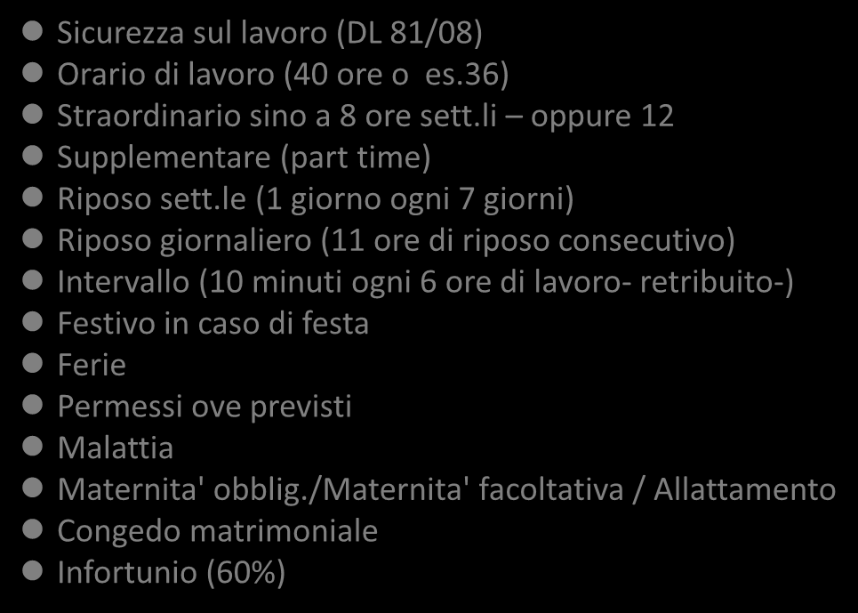 LAVORO SUBORDINATO Diritti del lavoratore Diritti patrimoniali Retribuzione TFR 13^ ed eventualmente 14^ Diritti personali Sicurezza sul lavoro (DL 81/08) Orario di lavoro (40 ore o es.