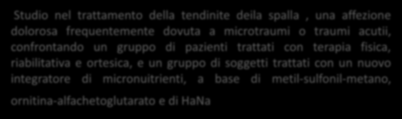 Studio nel trattamento della tendinite deila spalla, una affezione dolorosa frequentemente dovuta a microtraumi o traumi acutii, confrontando un gruppo di pazienti trattati con terapia fisica,