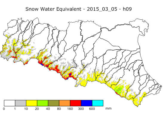 Le mappe di snow water equivalent, ovvero la stima del contenuto di acqua equivalente al manto nevoso (in mm) calcolato tramite un modello di accumulo integrato con le immagini satellitari che