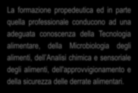 ORGANIZZAZIONE La formazione propedeutica ed in parte quella professionale conducono ad una adeguata conoscenza della Tecnologia alimentare, della Microbiologia degli alimenti, dell Analisi chimica e