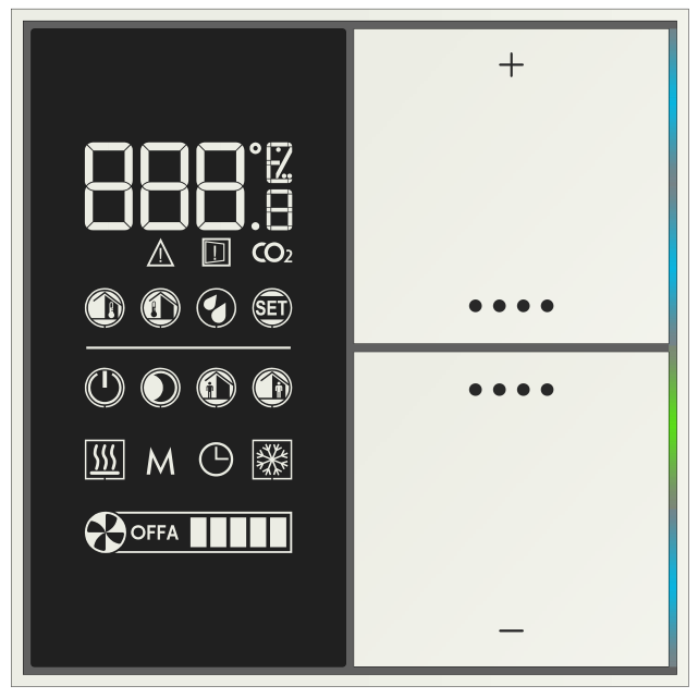 4 Interfaccia utente L interfaccia utente del termostato è costituita da un display LCD, un pulsante a due tasti e una serie di LED (4 per ogni tasto) liberamente programmabili.