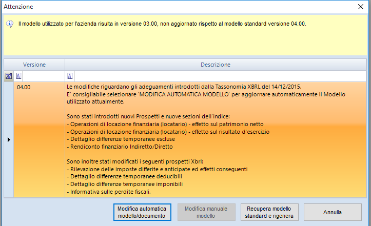 E' possibile selezionare: : permette di variare il modello dell azienda per adeguarlo all ultima versione e, in base alle stesse scelte, modificare anche il documento generato nel periodo : viene