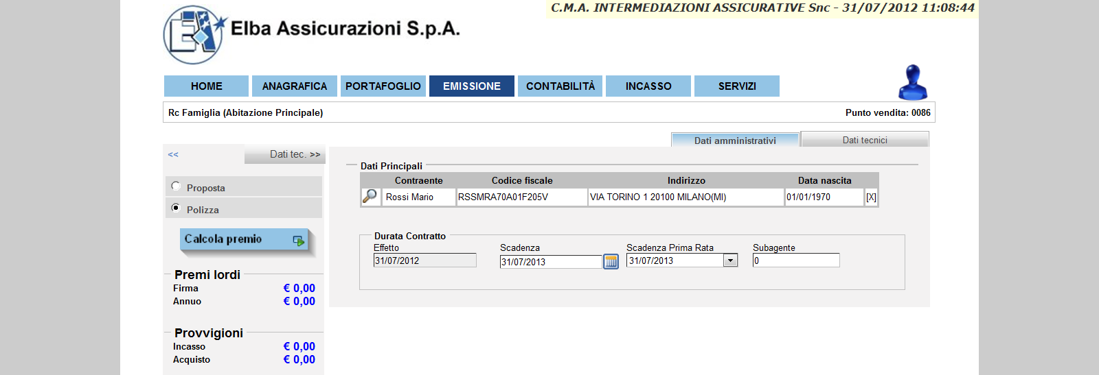 3.2 Durata Contratto - Effetto Non modificabile: per modificare la data tornare alla prima videata selezionando EMISSIONE (ved. punto 1.