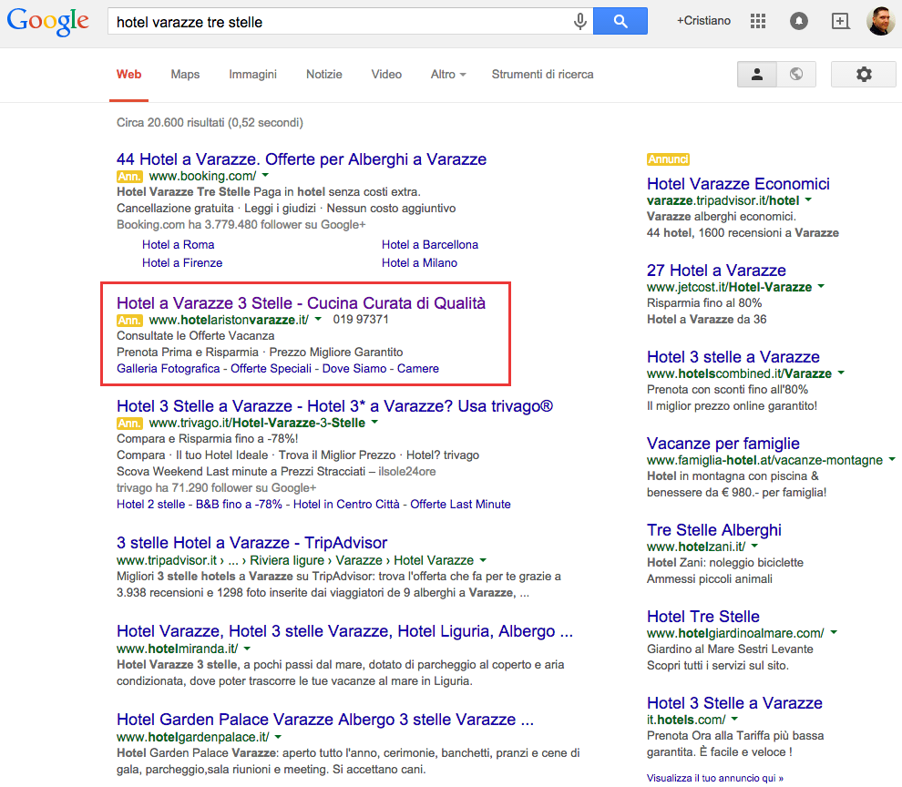 La struttura dell annuncio (evidenziato in rosso) è impostata nel seguente modo: Titolo: Hotel a Varazze 3 Stelle In questo caso Google consente un numero massimo di 25 caratteri, è molto importante