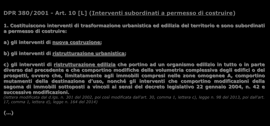 4 RIFERIMENTI STATALI DPR 380/2001 - Art. 10 [L] (Interventi subordinati a permesso di costruire) 1.