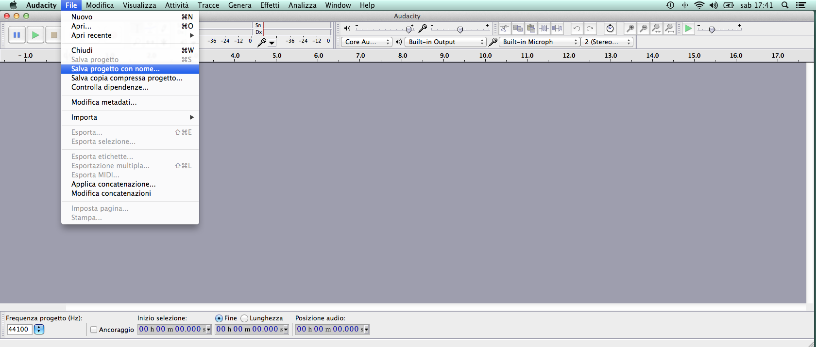 La creazione di un file di progetto Per un glossario di tecnologie musicali e le operazioni di editing audio, generazione ed analisi del suono, è utile consultare il sito EARS - ElectroAcoustic