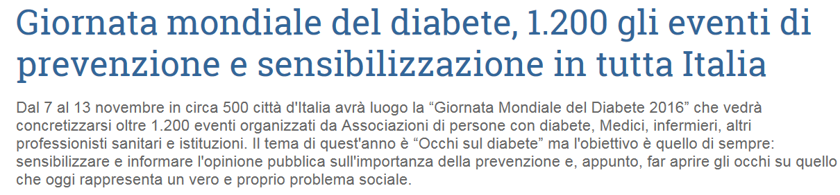 PHARMASTAR.IT 1/3 Data: 07/11/2016 Dal 7 al 13 novembre in circa 500 città d'italia avrà luogo la Giornata Mondiale del Diabete 2016 che vedrà concretizzarsi oltre 1.