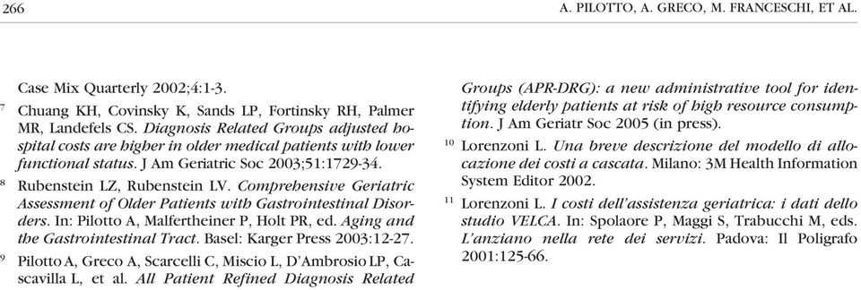Comprehensive Geriatric Assessment of Older Patients with Gastrointestinal Disorders. In: Pilotto A, Malfertheiner P, Holt PR, ed. Aging and the Gastrointestinal Tract. Basel: Karger Press 2003:12-27.