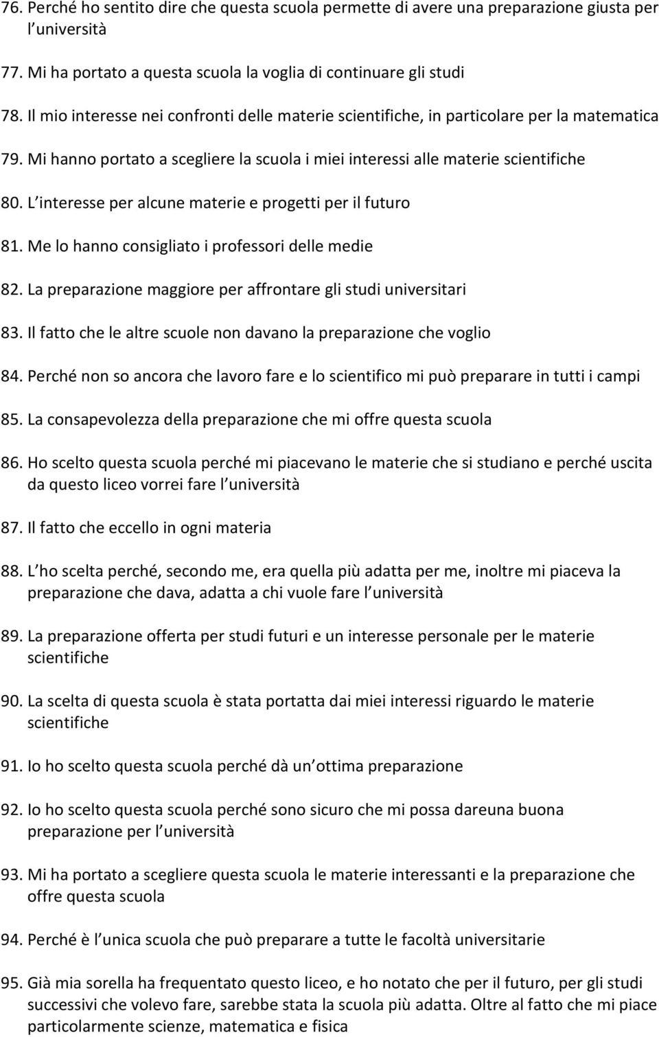 L interesse per alcune materie e progetti per il futuro 81. Me lo hanno consigliato i professori delle medie 82. La preparazione maggiore per affrontare gli studi universitari 83.