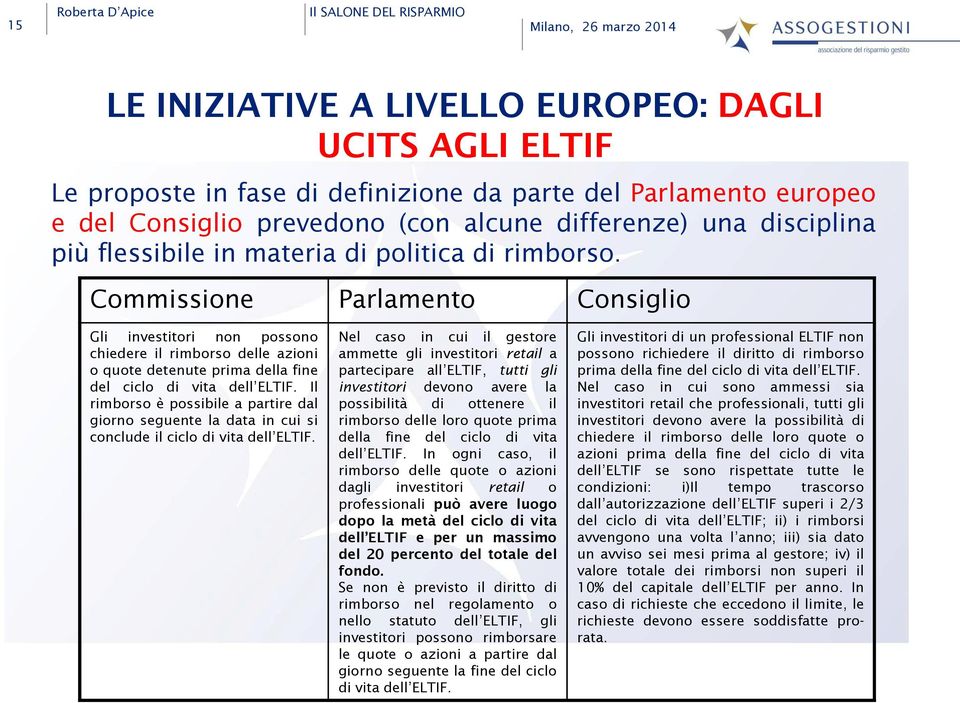 Commissione Parlamento Consiglio Gli investitori non possono chiedere il rimborso delle azioni o quote detenute prima della fine del ciclo di vita dell ELTIF.