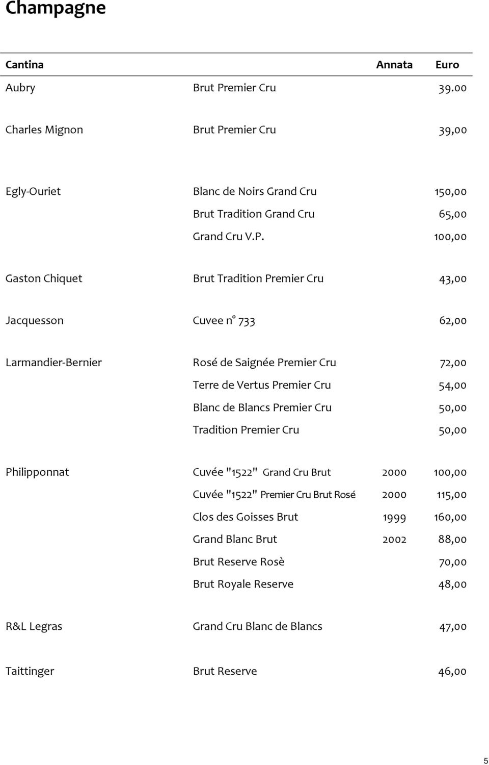 emier Cru 39,00 Egly-Ouriet Blanc de Noirs Grand Cru 150,00 Brut Tradition Grand Cru 65,00 Grand Cru V.P.