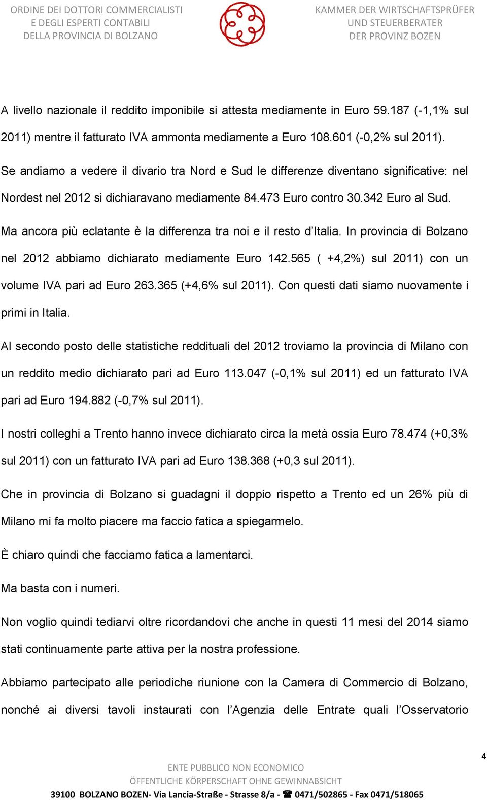 Ma ancora più eclatante è la differenza tra noi e il resto d Italia. In provincia di Bolzano nel 2012 abbiamo dichiarato mediamente Euro 142.565 ( +4,2%) sul 2011) con un volume IVA pari ad Euro 263.