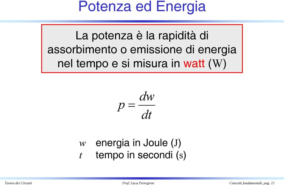 dt w t energia in Joule (J) tempo in secondi (s) Teoria dei