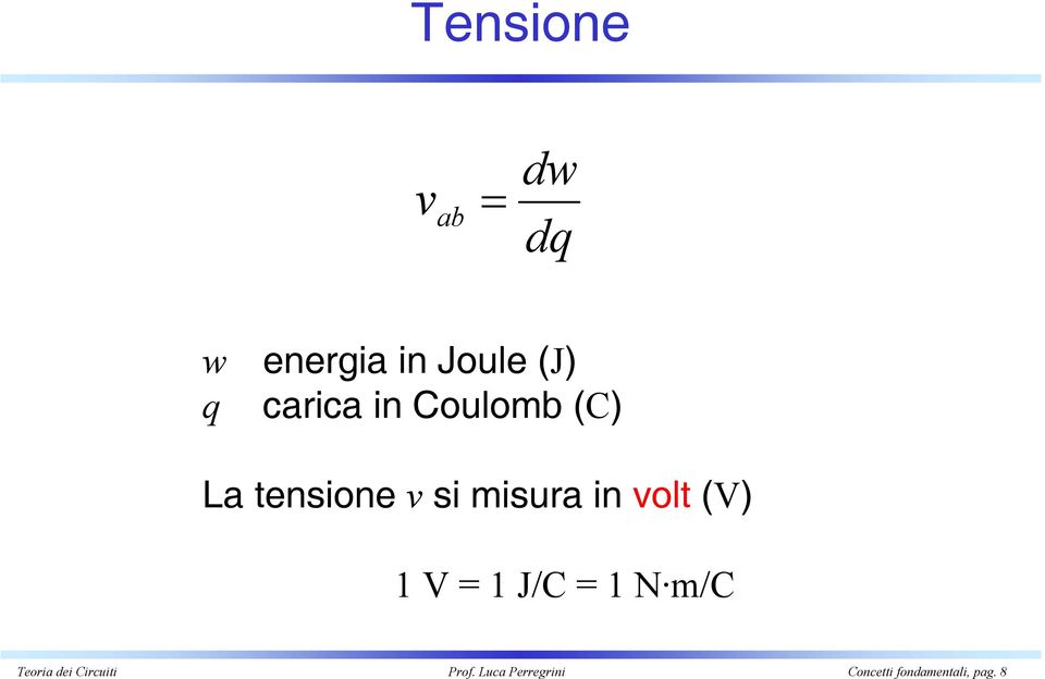 volt (V) 1 V = 1 J/C = 1 N m/c Teoria dei