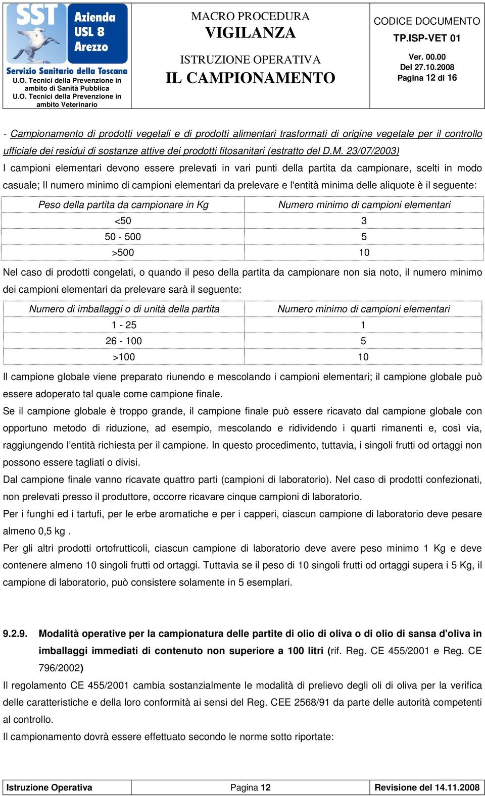 23/07/2003) I campioni elementari devono essere prelevati in vari punti della partita da campionare, scelti in modo casuale; Il numero minimo di campioni elementari da prelevare e l'entità minima