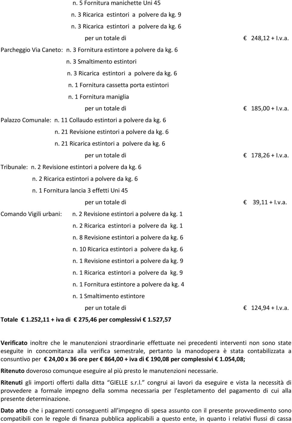 6 Tribunale: n. 2 Revisione estintori a polvere da kg. 6 n. 2 Ricarica estintori a polvere da kg. 6 n. 1 Fornitura lancia 3 effetti Uni 45 Comando Vigili urbani: n.