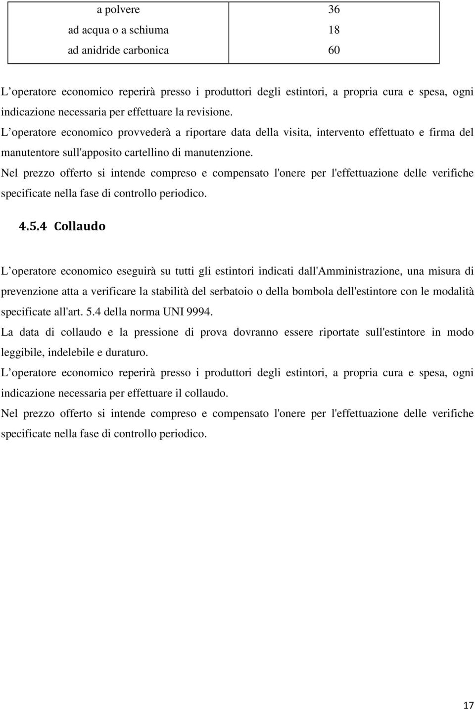 Nel prezzo offerto si intende compreso e compensato l'onere per l'effettuazione delle verifiche specificate nella fase di controllo periodico. 4.5.