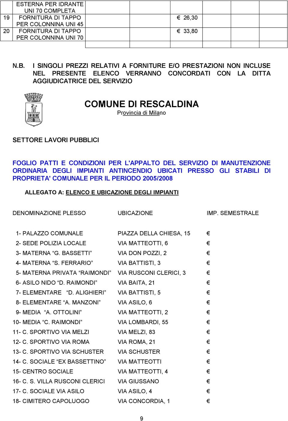 LAVORI PUBBLICI FOGLIO PATTI E CONDIZIONI PER L'APPALTO DEL SERVIZIO DI MANUTENZIONE ORDINARIA DEGLI IMPIANTI ANTINCENDIO UBICATI PRESSO GLI STABILI DI PROPRIETA' COMUNALE PER IL PERIODO 2005/2008