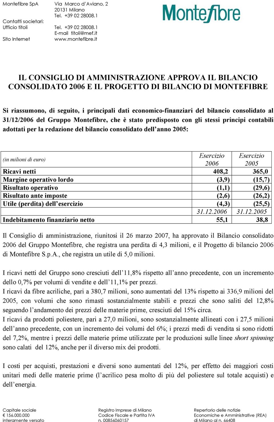 consolidato al 31/12/2006 del Gruppo Montefibre, che è stato predisposto con gli stessi principi contabili adottati per la redazione del bilancio consolidato dell anno 2005: Esercizio Esercizio 2006