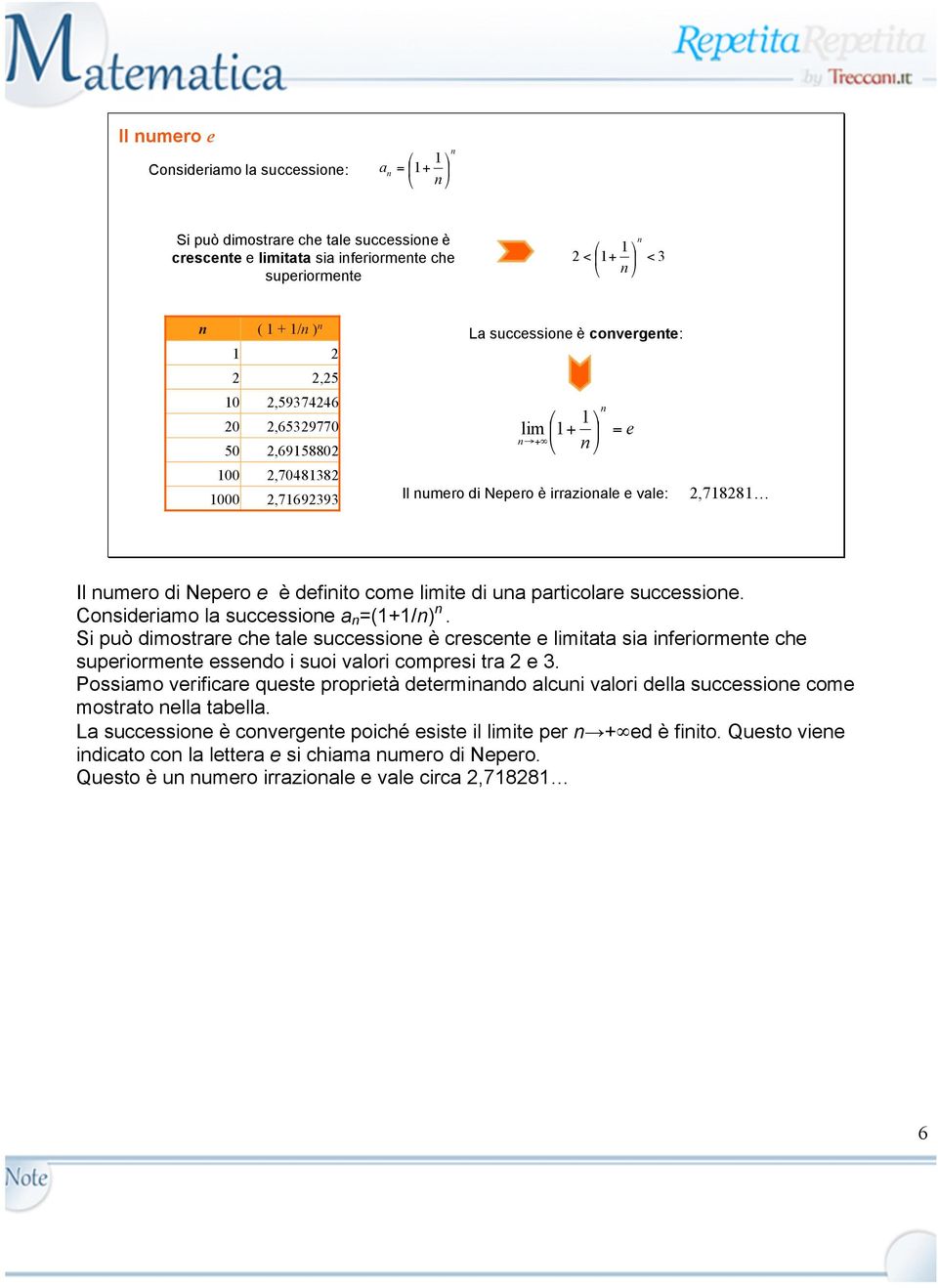 Cosideriamo la successioe a =(+/). Si può dimostrare che tale successioe è crescete e limitata sia iferiormete che superiormete essedo i suoi valori compresi tra e 3.