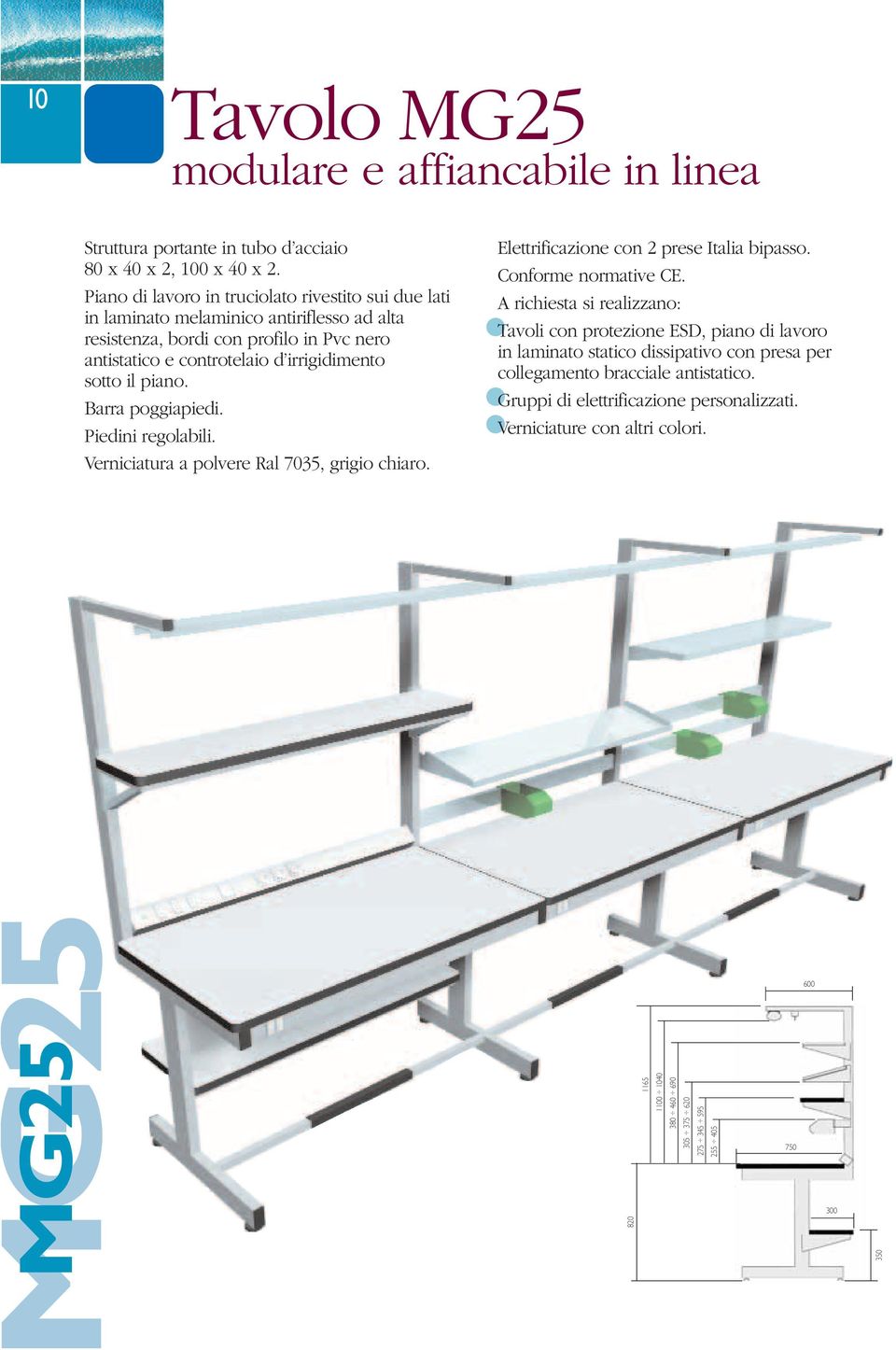 piano. Barra poggiapiedi. Piedini regolabili. Verniciatura a polvere Ral 7035, grigio chiaro. Elettrificazione con 2 prese Italia bipasso. Conforme normative CE.