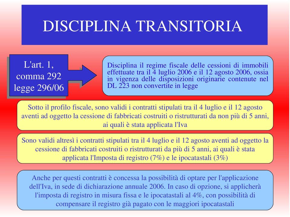 223 non convertite in legge Sotto il profilo fiscale, sono validi i contratti stipulati tra il 4 luglio e il 12 agosto aventi ad oggetto la cessione di fabbricati costruiti o ristrutturati da non più