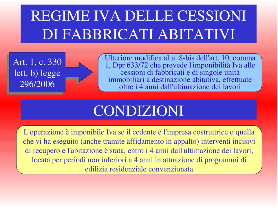 dall'ultimazione dei lavori CONDIZIONI L'operazione è imponibile Iva se il cedente è l'impresa costruttrice o quella che vi ha eseguito (anche tramite affidamento in