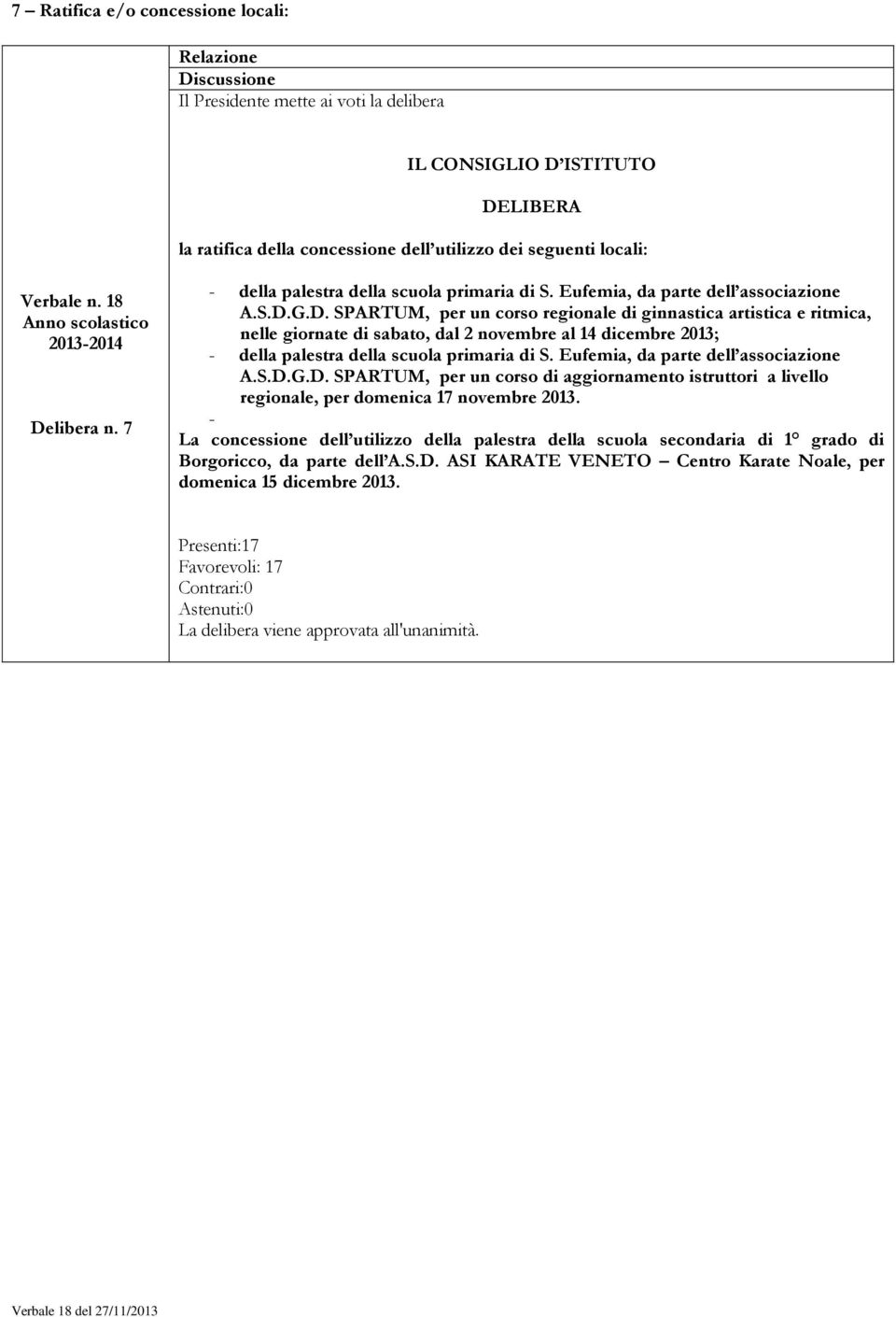 G.D. SPARTUM, per un corso regionale di ginnastica artistica e ritmica, nelle giornate di sabato, dal 2 novembre al 14 dicembre 2013; - della palestra della scuola primaria di S.