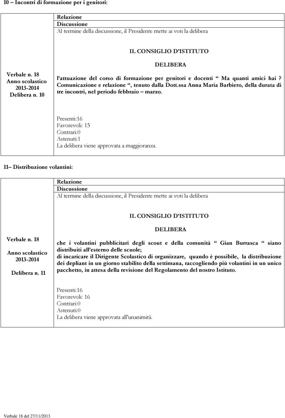 Favorevoli: 15 Astenuti:1 11 Distribuzione volantini: Delibera n.